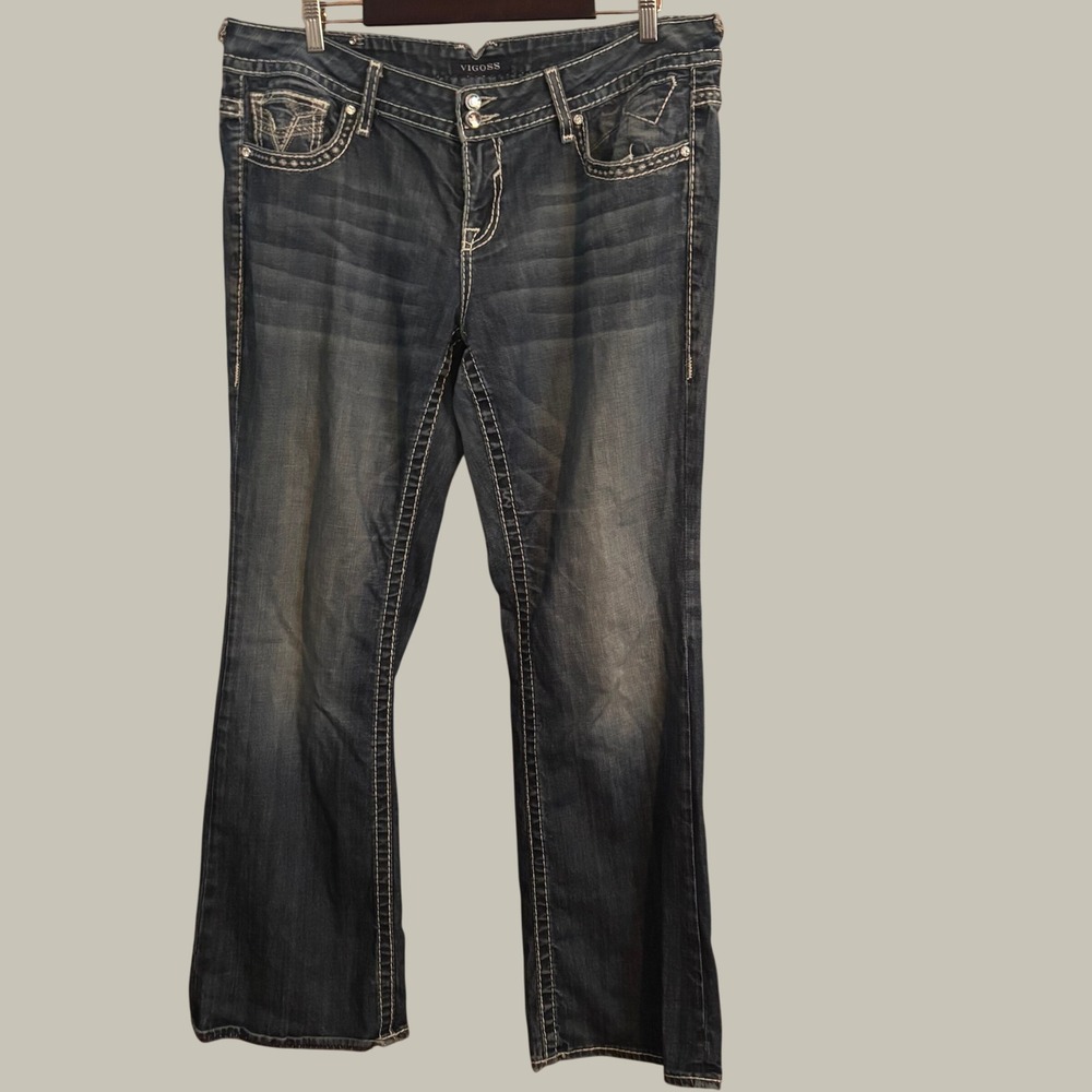 Vigoss Women Dark Wash Bootcut Jeans Rhinestone Contrast Stitch Size 18 L33